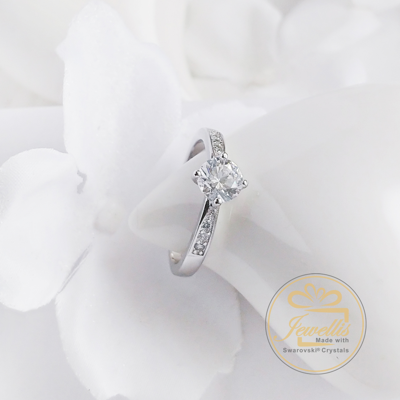 Stříbrný rhodiovaný prsten Round Zirconia se zirkonem Swarovski - White