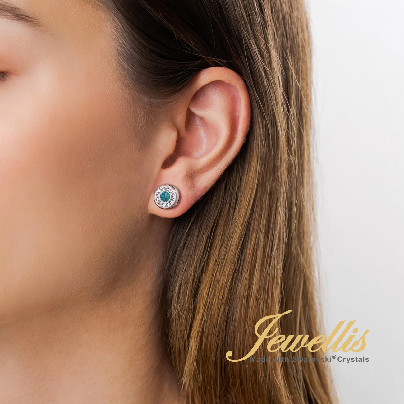 Ocelové opálové náušnice pecky Opal Pavé s krystaly Swarovski 10mm - světle modré