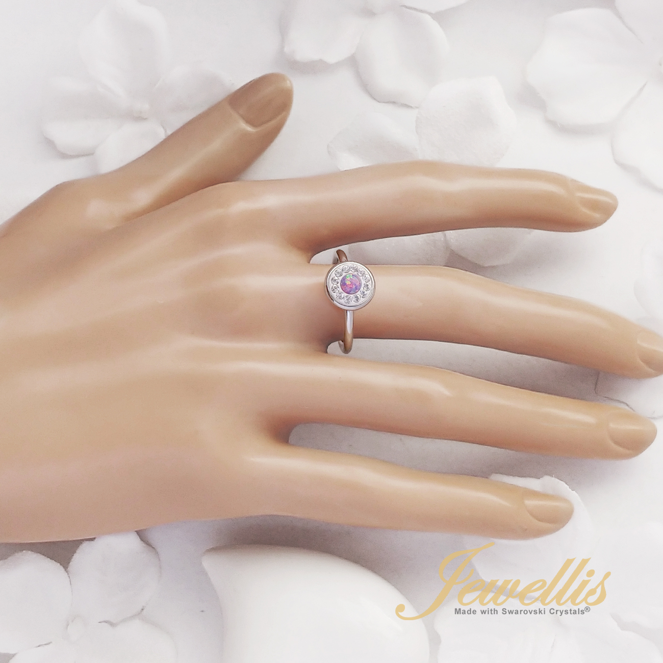 Ocelový otevřený opálový prsten Opal Pavé s krystaly Swarovski - světle růžový