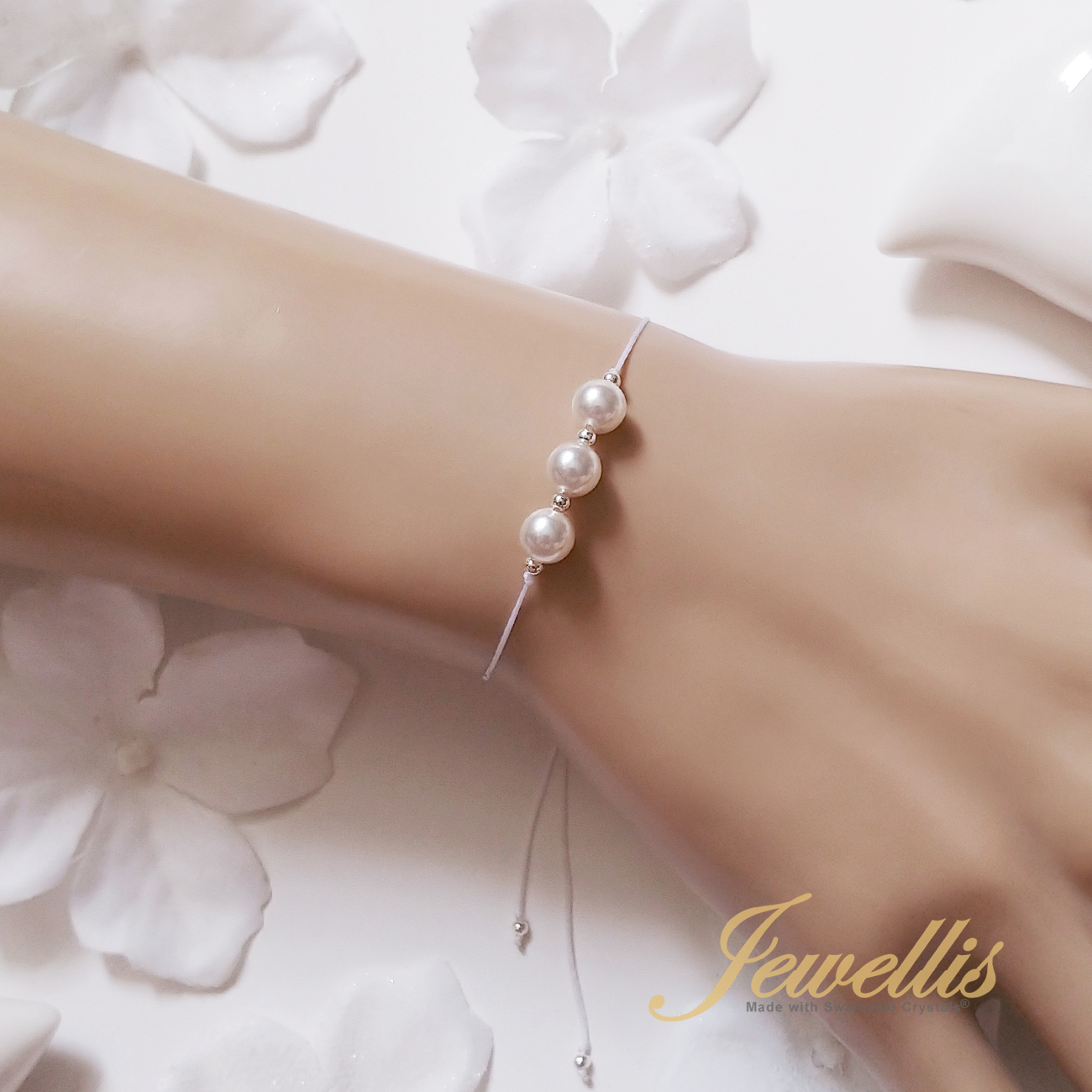 Provázkový náramek Pure Pearl na ruku i nohu se stříbrnými korálky AG925 a perlami Swarovski - Crystal White