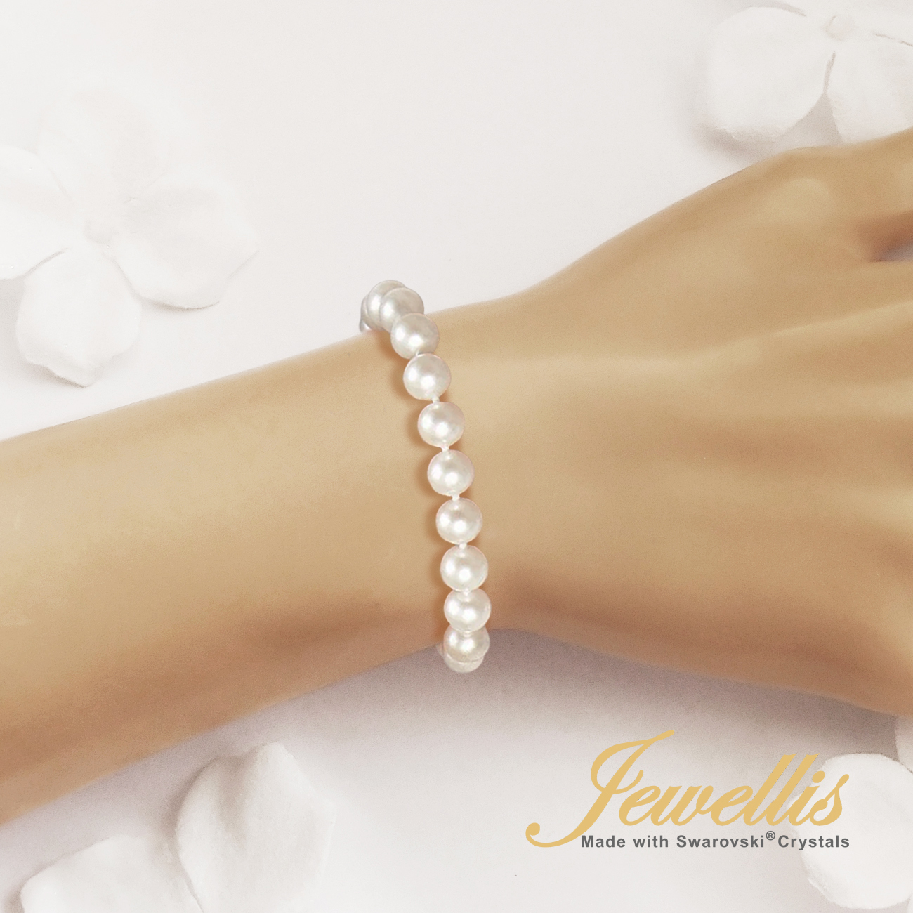 Ocelový perlový náramek Bella Pearl na ruku s perlami Swarovski 8mm - Crystal White