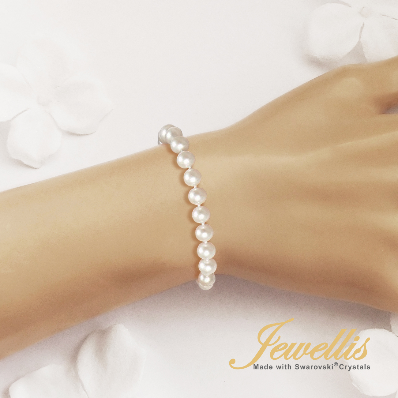 Ocelový perlový náramek Bella Pearl na ruku s perlami Swarovski 6mm - Crystal White