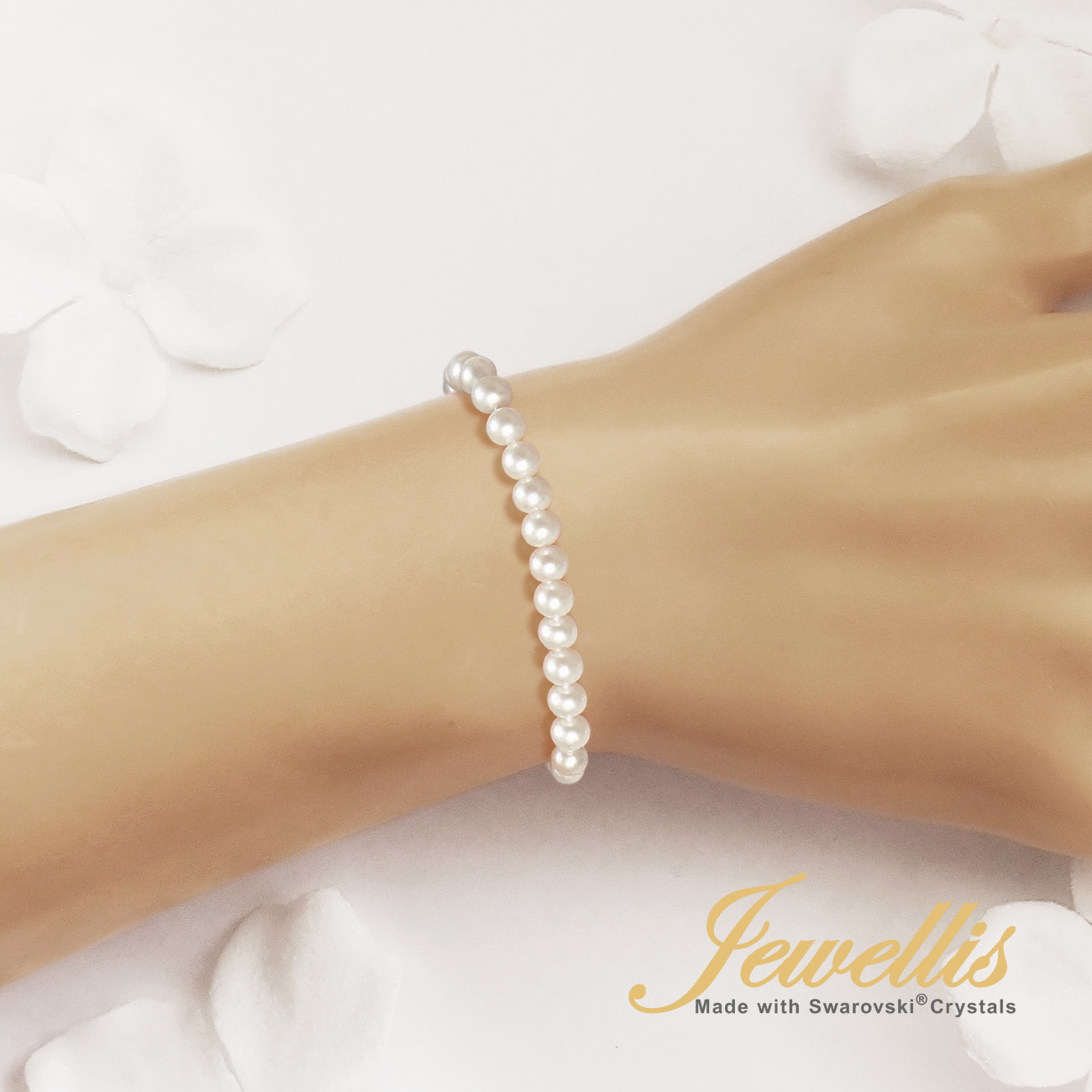 Ocelový perlový náramek Bella Pearl na ruku s perlami Swarovski 4mm - Crystal White