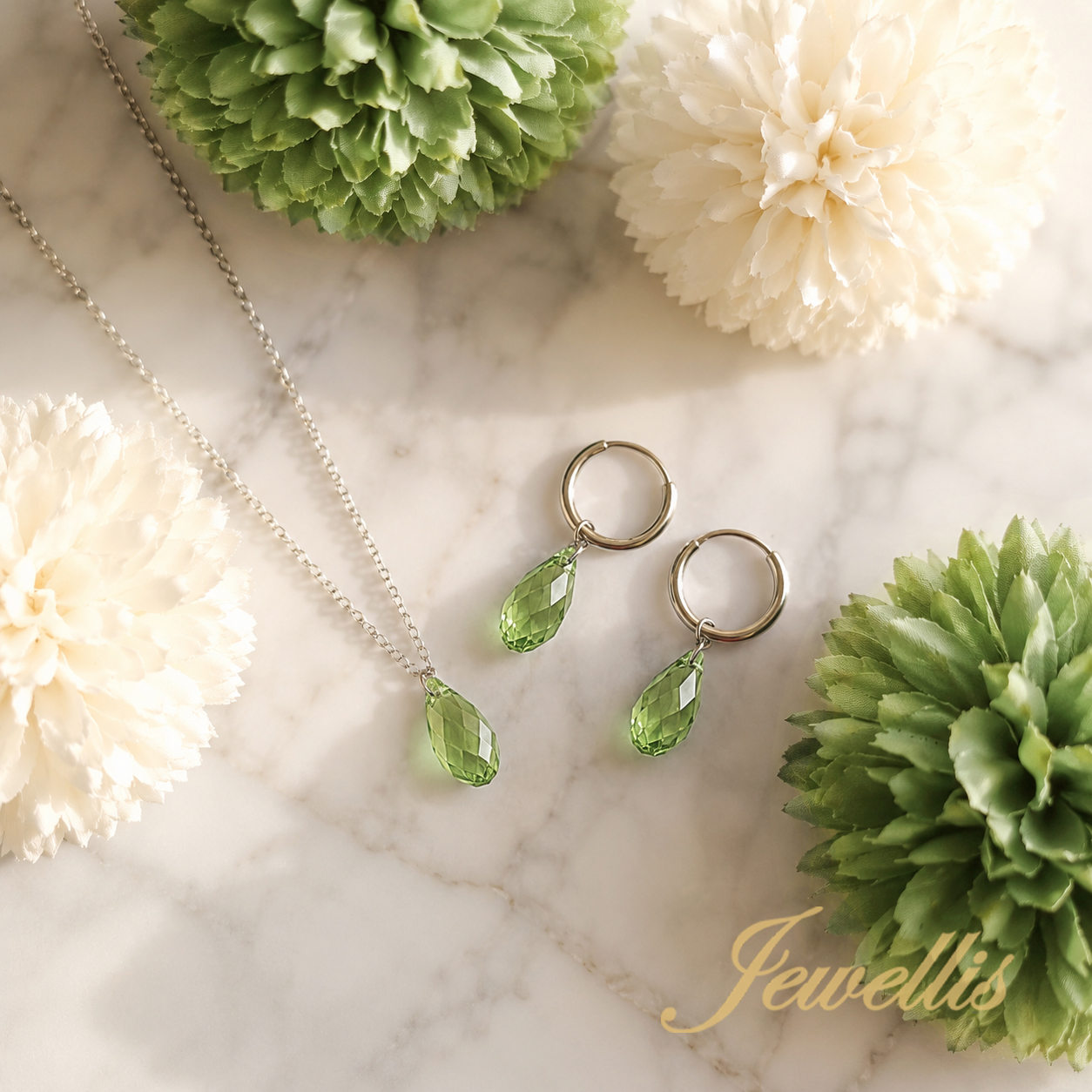 Briolette Peridot – ocelový set náhrdelníku a náušnic s krystaly Swarovski®