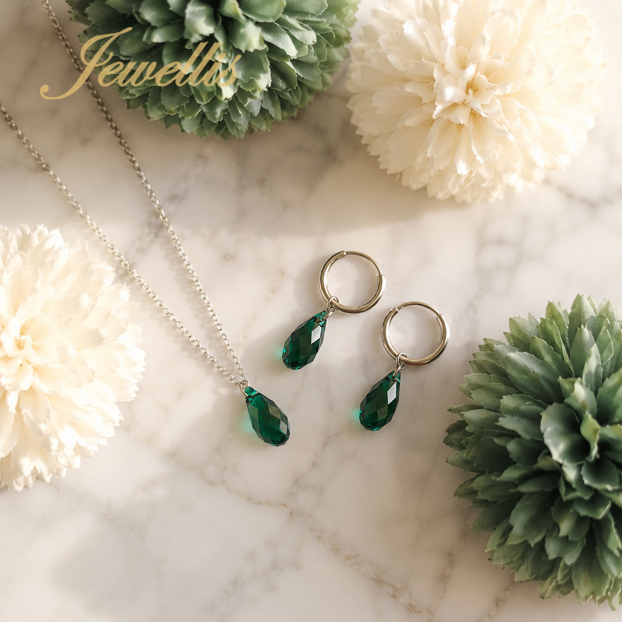 Briolette Emerald – Set náhrdelníku a náušnic s krystaly Swarovski® z chirurgické oceli