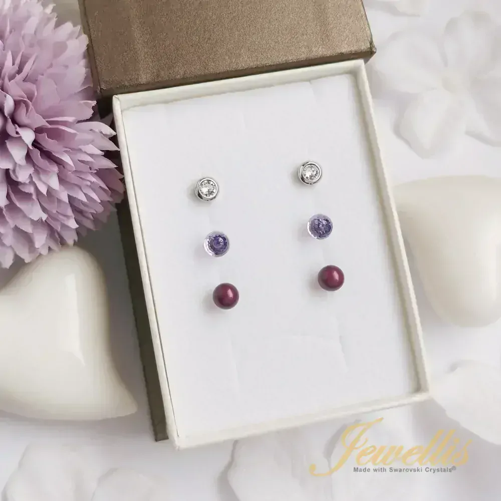 Dárková sada náušnic Violet Mix Crystals - 3 páry s krystaly a perlami Swarovski