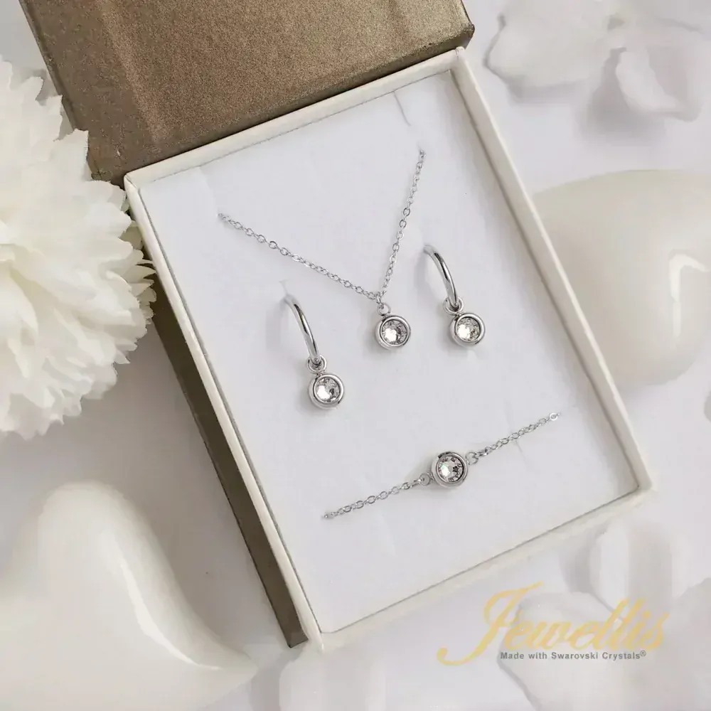 3-dílná ocelová sada Mini Chaton Deluxe - náramek, náhrdelník a náušnice kruhy s krystaly Swarovski - Crystal F