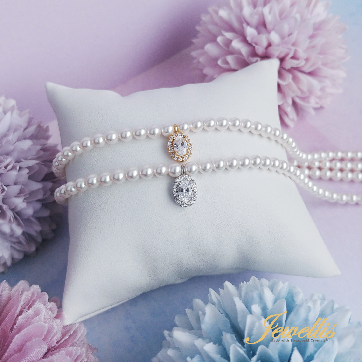 Stříbrný perlový pozlacený náhrdelník Gold Afrodite Pearl s perlami a zirkonem Swarovski 4mm - Crystal White