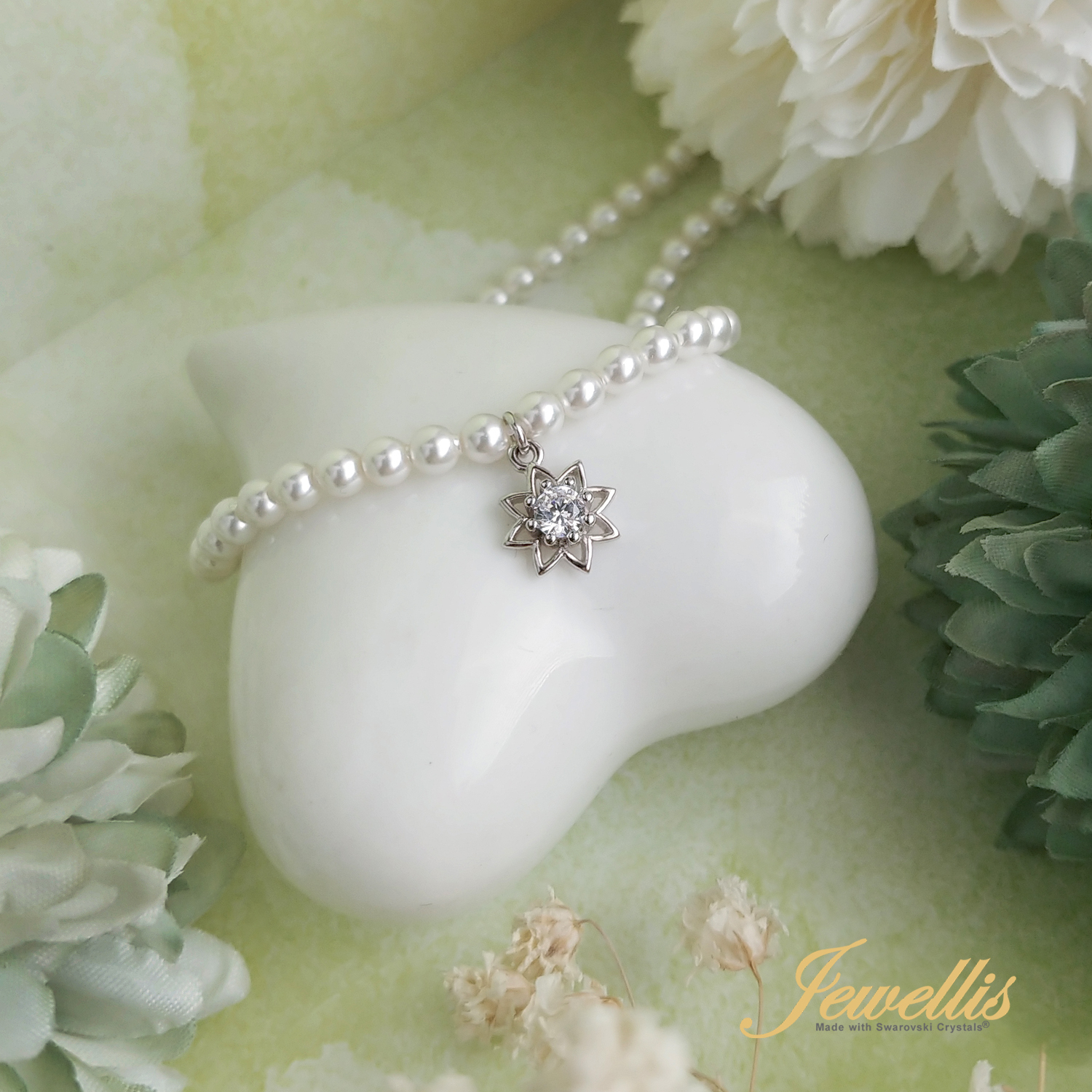 Stříbrný perlový náhrdelník Flower Pearl se zirkonem a perlami Swarovski 3mm - Crystal White