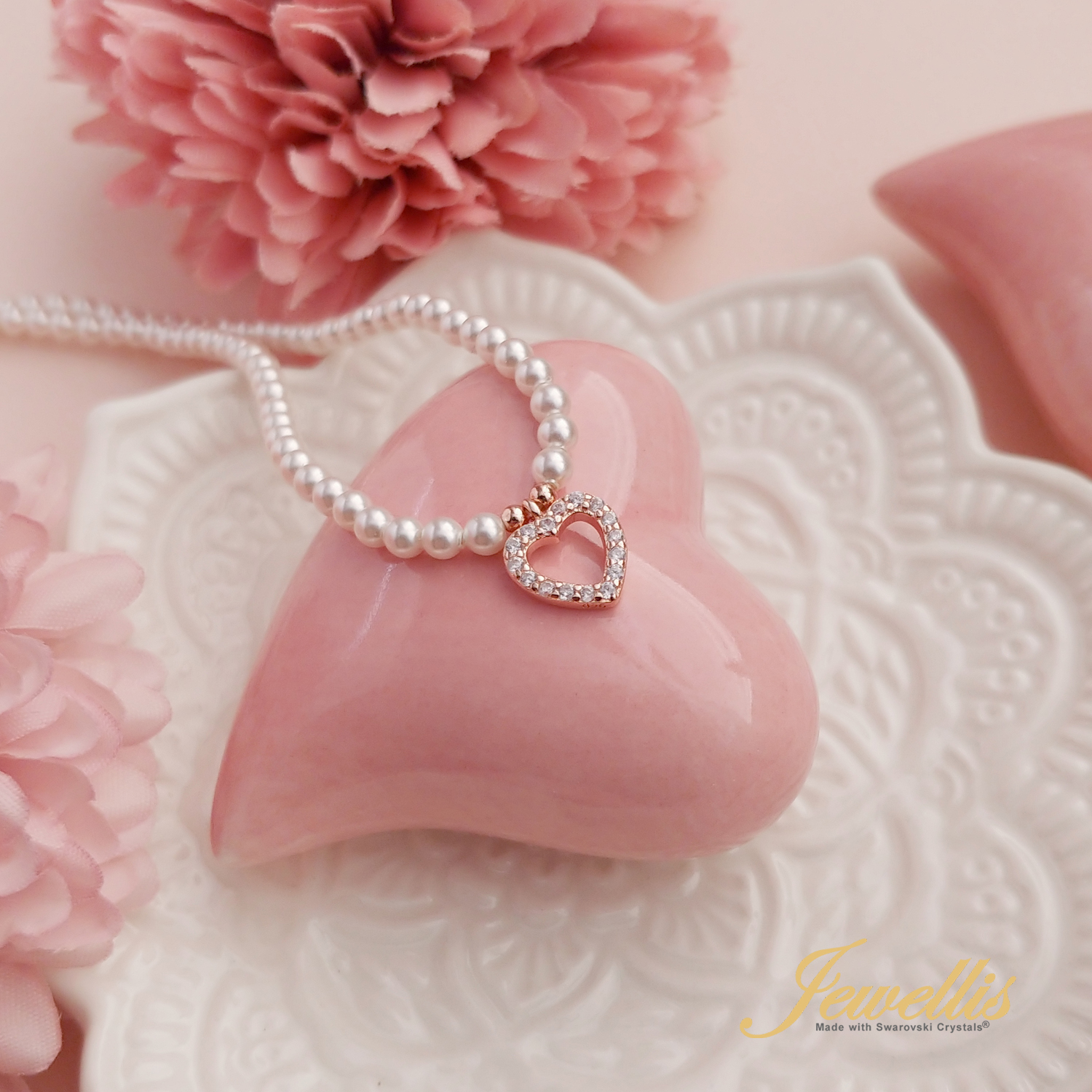 Stříbrný perlový pozlacený náhrdelník Rose Gold Heart Pearl se zirkonem a perlami Swarovski 3mm - Crystal White