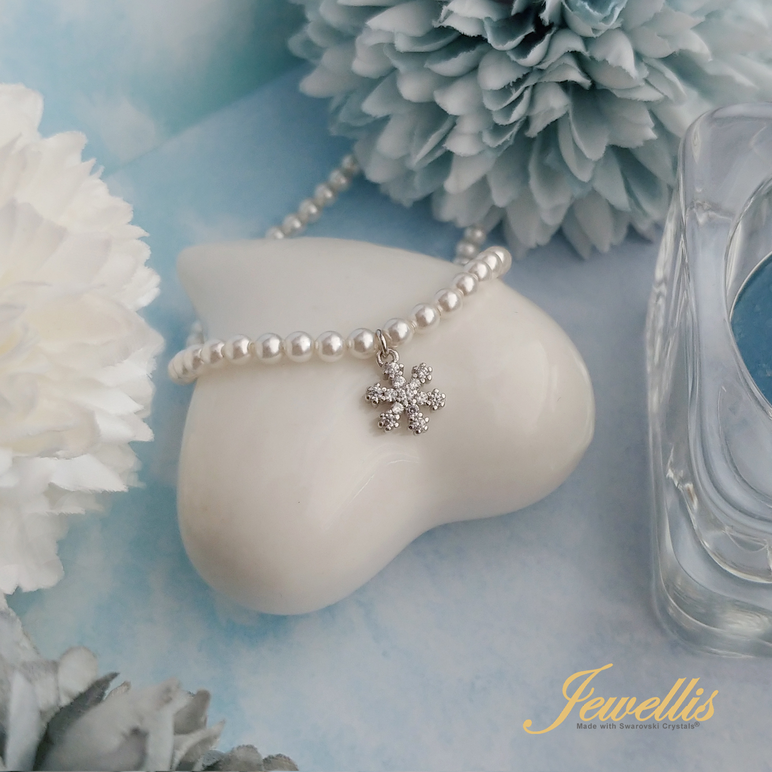 Stříbrný perlový náhrdelník Snowflake Pearl se zirkony a perlami Swarovski 3mm - Crystal White