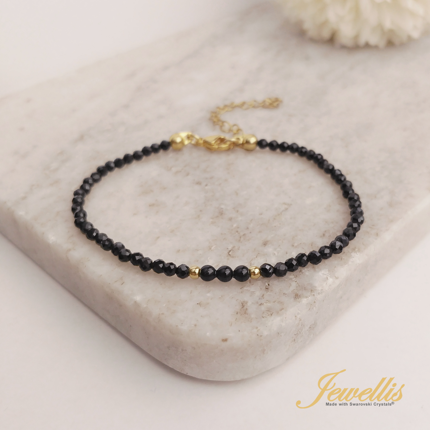 Minerální náramek z přírodních kamenů a perla Swarovski ve zlaté 14K oceli -  černý turmalín
