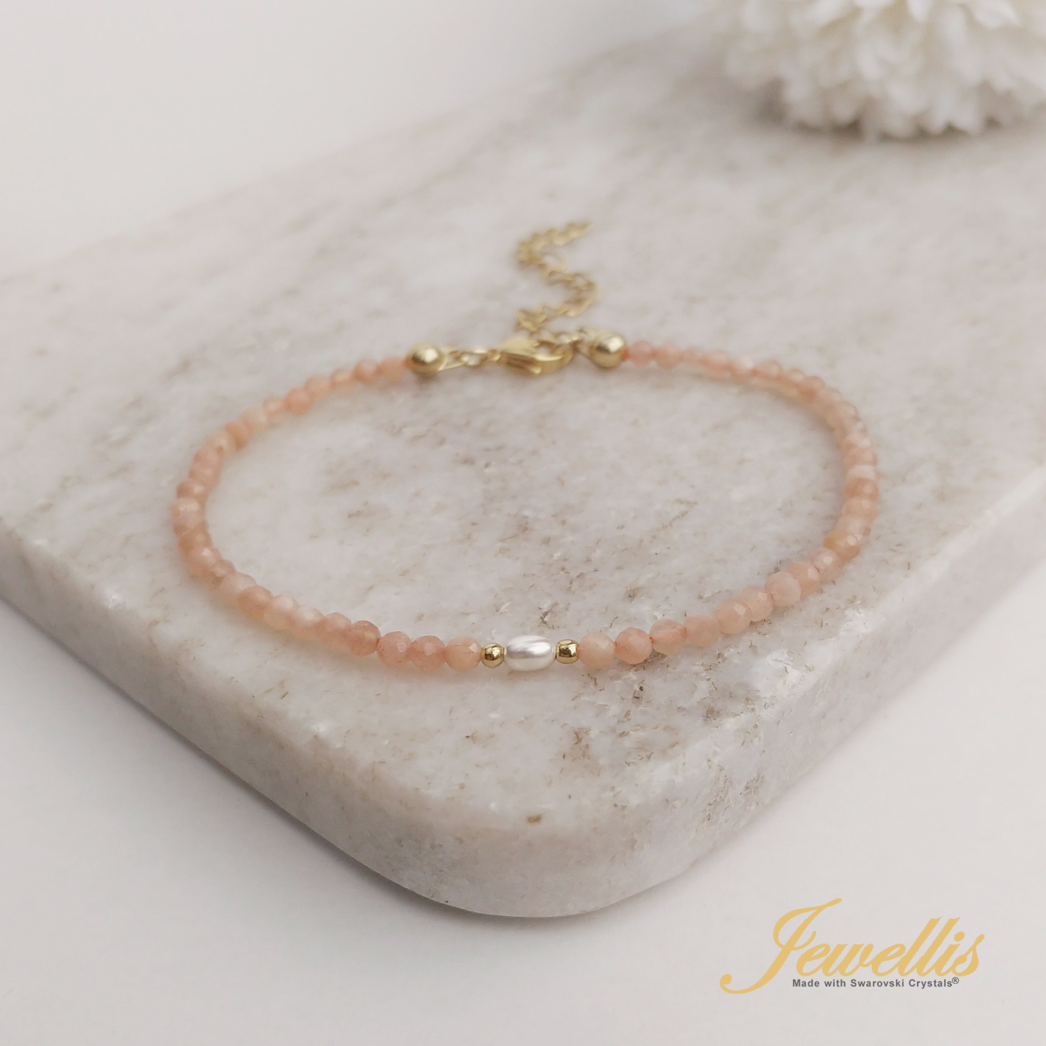 Minerální náramek z přírodních kamenů a perla Swarovski ve zlaté 14K oceli - sluneční kámen