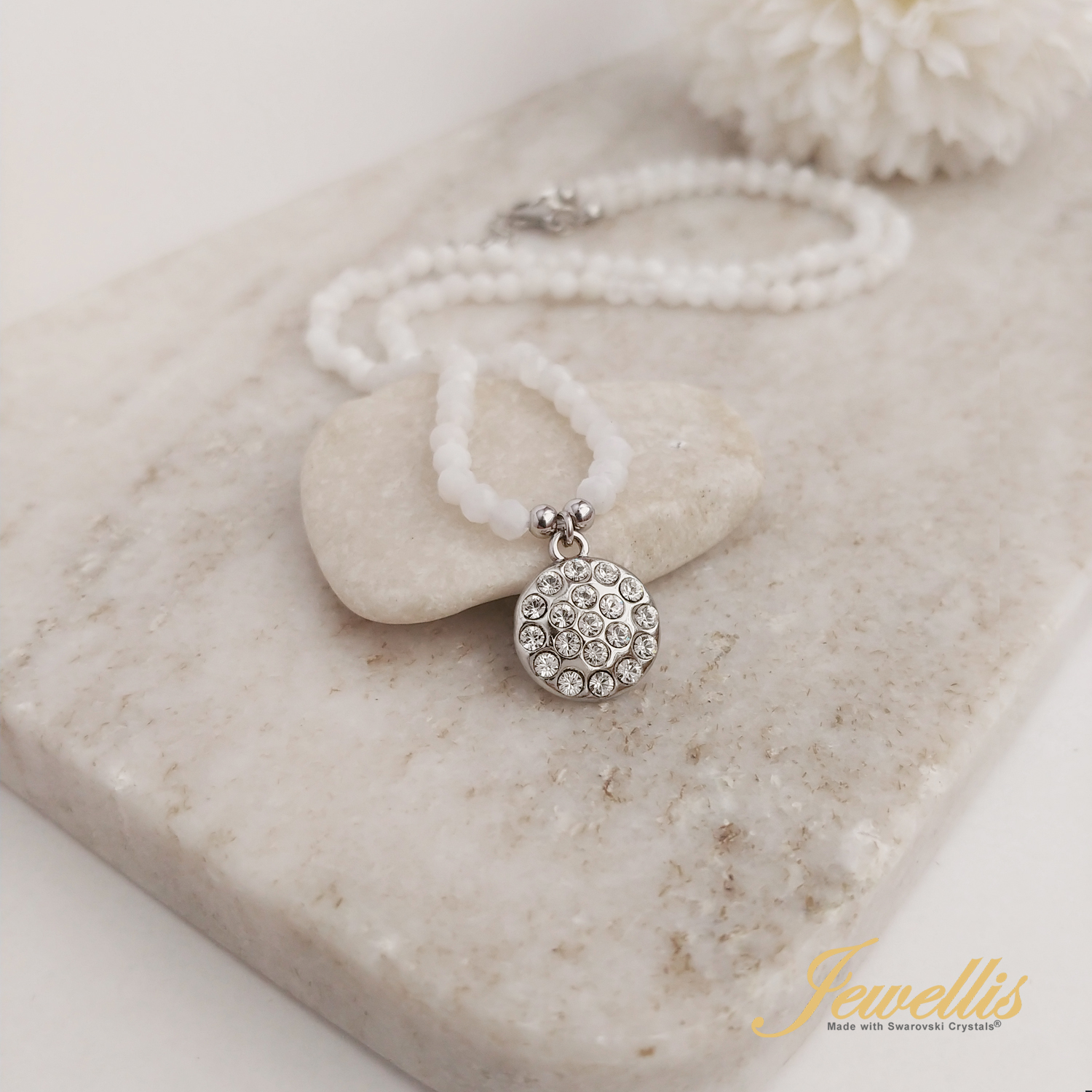 Minerální ocelový náhrdelník z přírodních kamenů a s krystaly Swarovski - měsíční kámen