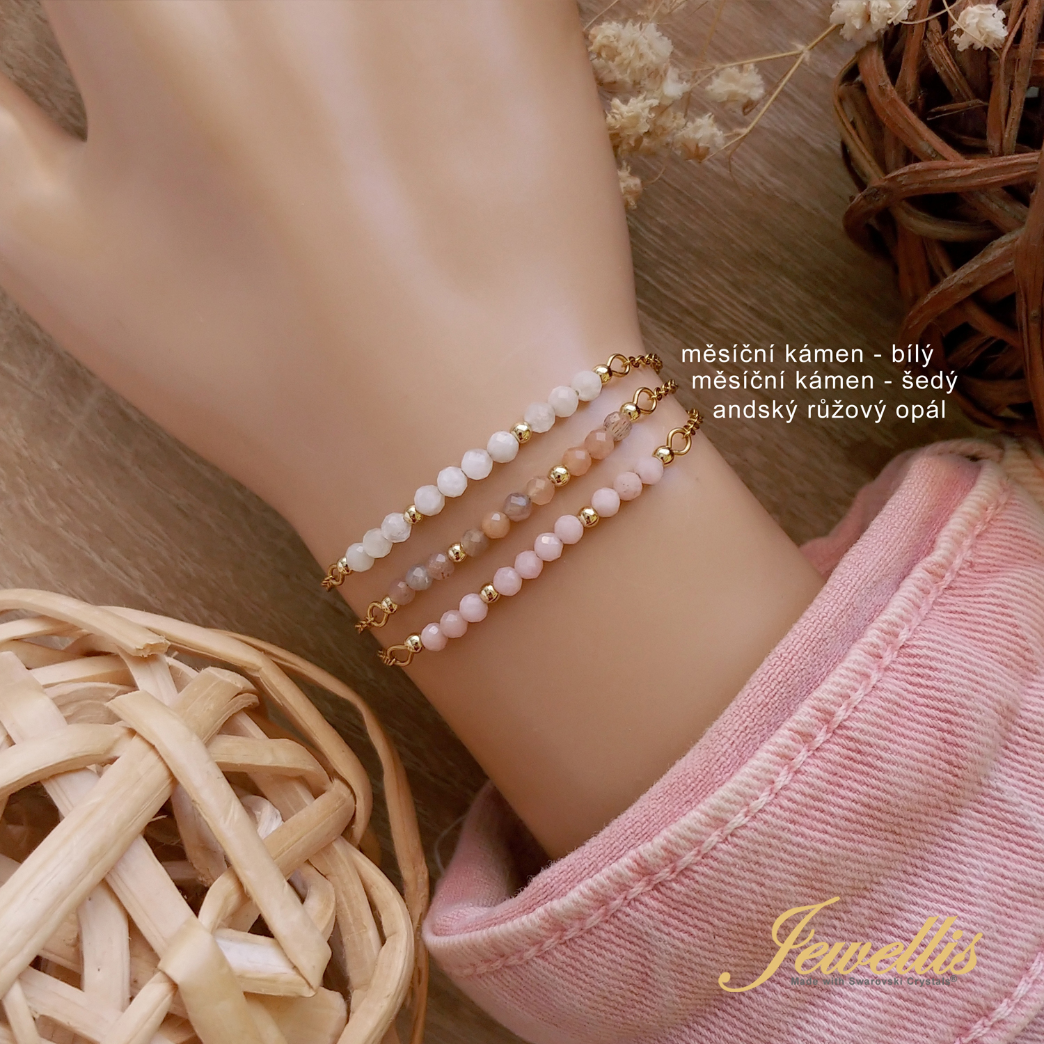 Ocelový minerální náramek Barrette z přírodních kamenů - 14K zlato