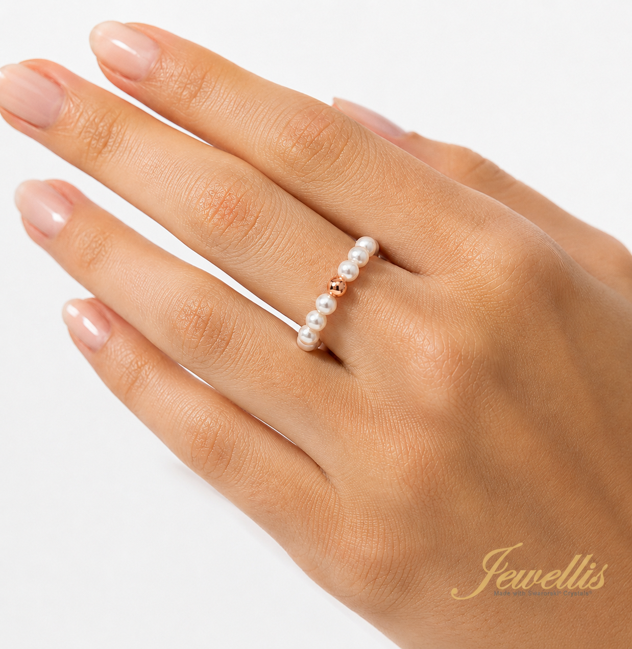 Ocelový perlový prsten Bella Pearl s bílými perlami Swarovski 3mm - rose gold