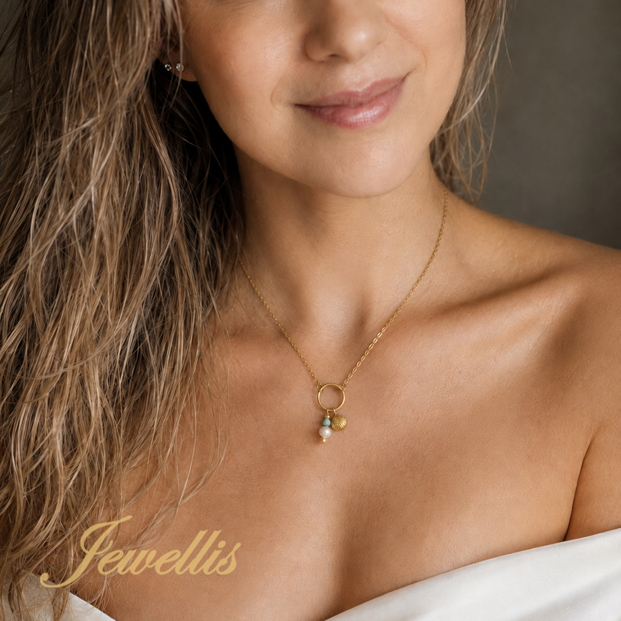 Ocelový pozlacený náhrdelník Gold Ocean Pearl s mušlí, Swarovski perlou a larimarem