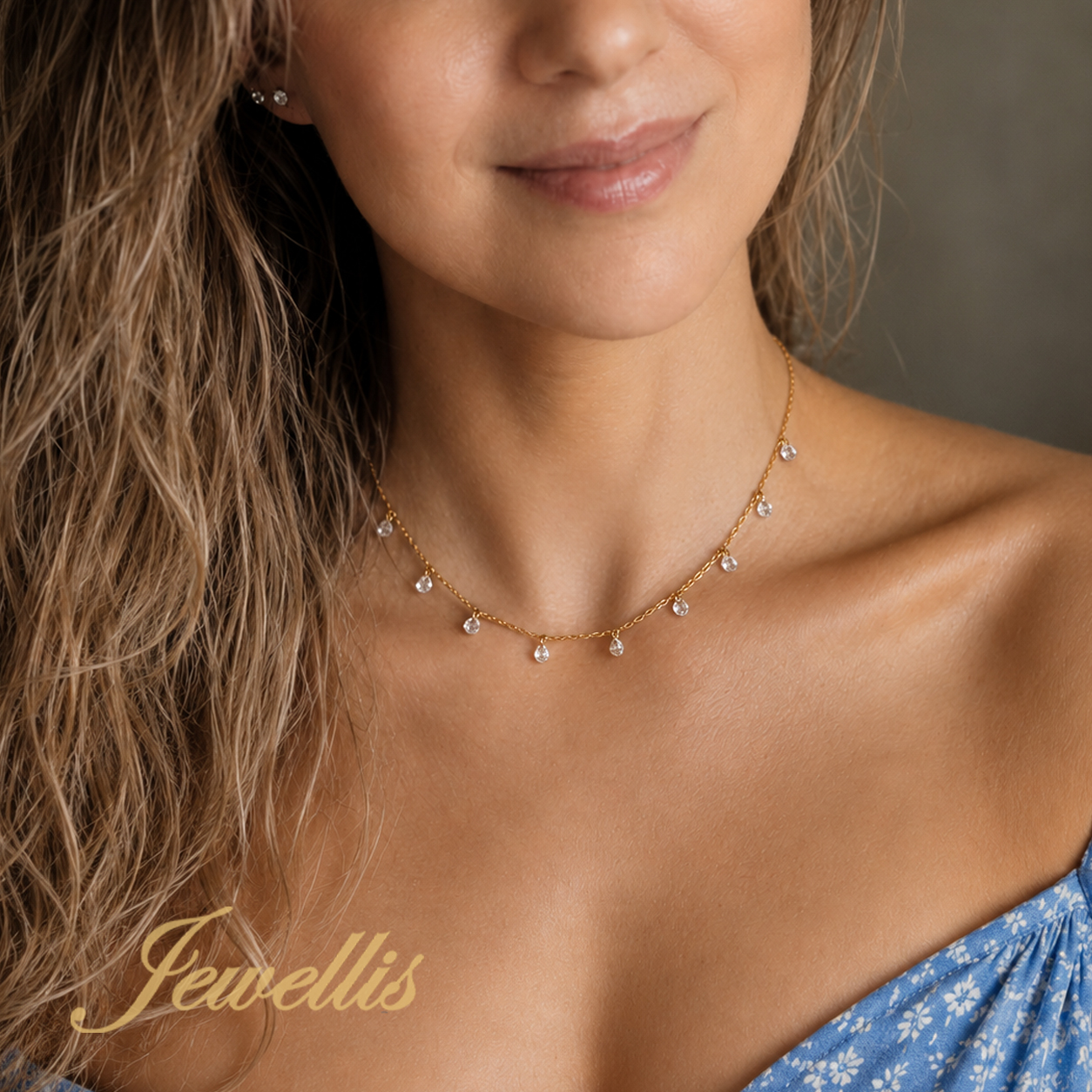 Pozlacený ocelový choker náhrdelník Dangling Zirconia s fasetovanými zirkony 4 mm