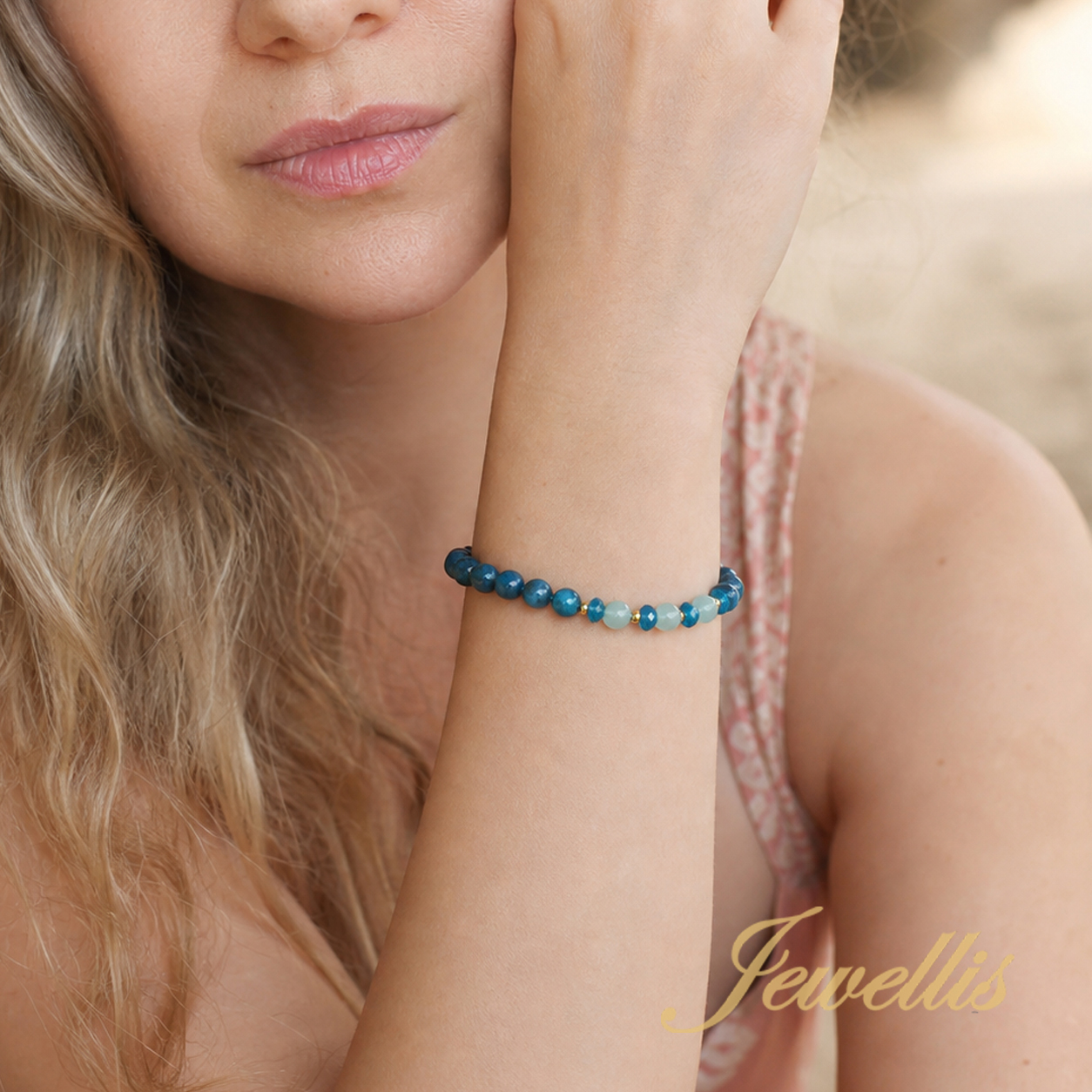 Náramek z apatitu a fasetovaného amazonitu se Swarovski Caribbean Blue Opal | Nastavitelný, pozlacená chirurgická ocel