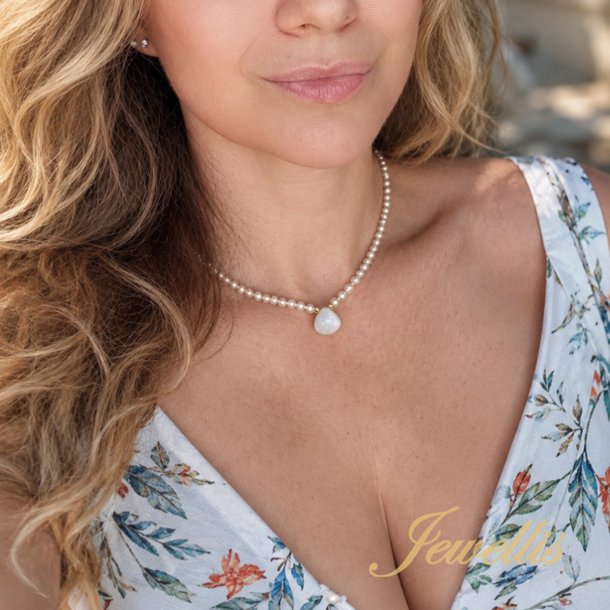Pozlacený perlový náhrdelník Moon Pearl Drop | Swarovski® perly a měsíční kámen | 18K zlacená chirurgická ocel
