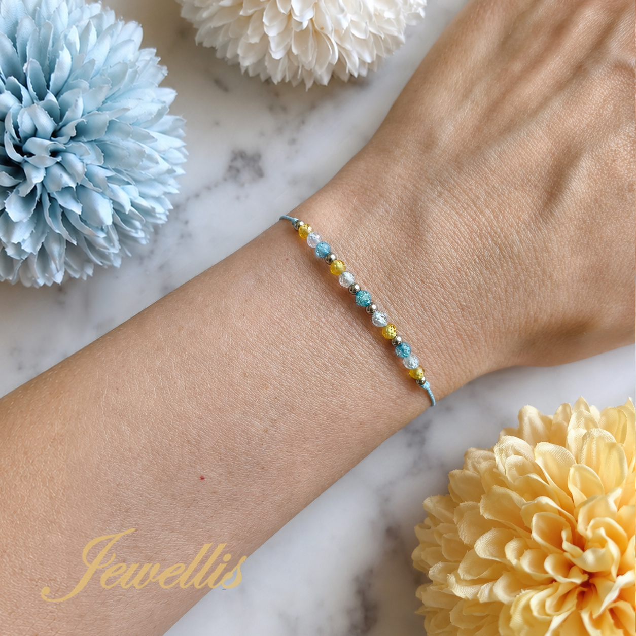 Summer Aqua Zirconia – šňůrkový hedvábný náramek s kubickými zirkony