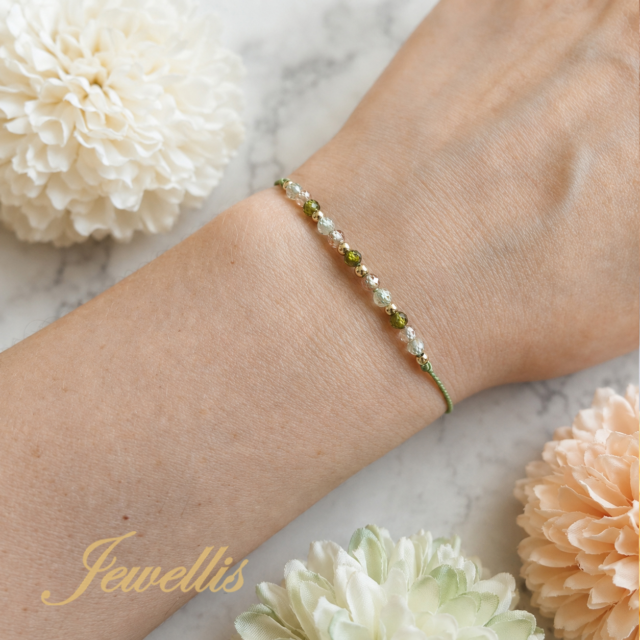 Olive Champagne Zirconia – šňůrkový hedvábný náramek s kubickými zirkony