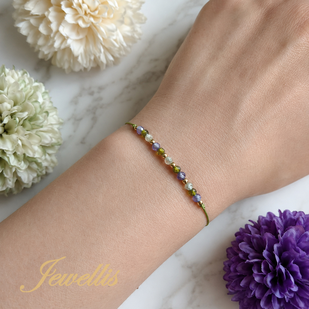 Olive Violet Zirconia – šňůrkový hedvábný náramek s kubickými zirkony