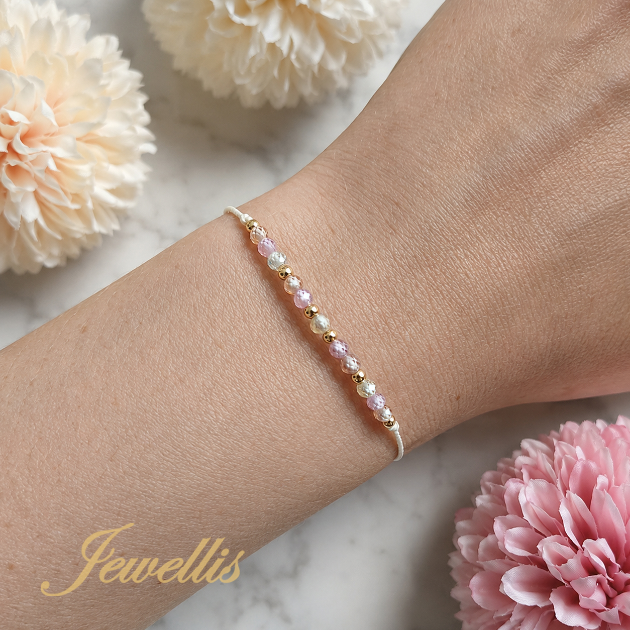 Blush Champagne Zirconia – šňůrkový hedvábný náramek s kubickými zirkony