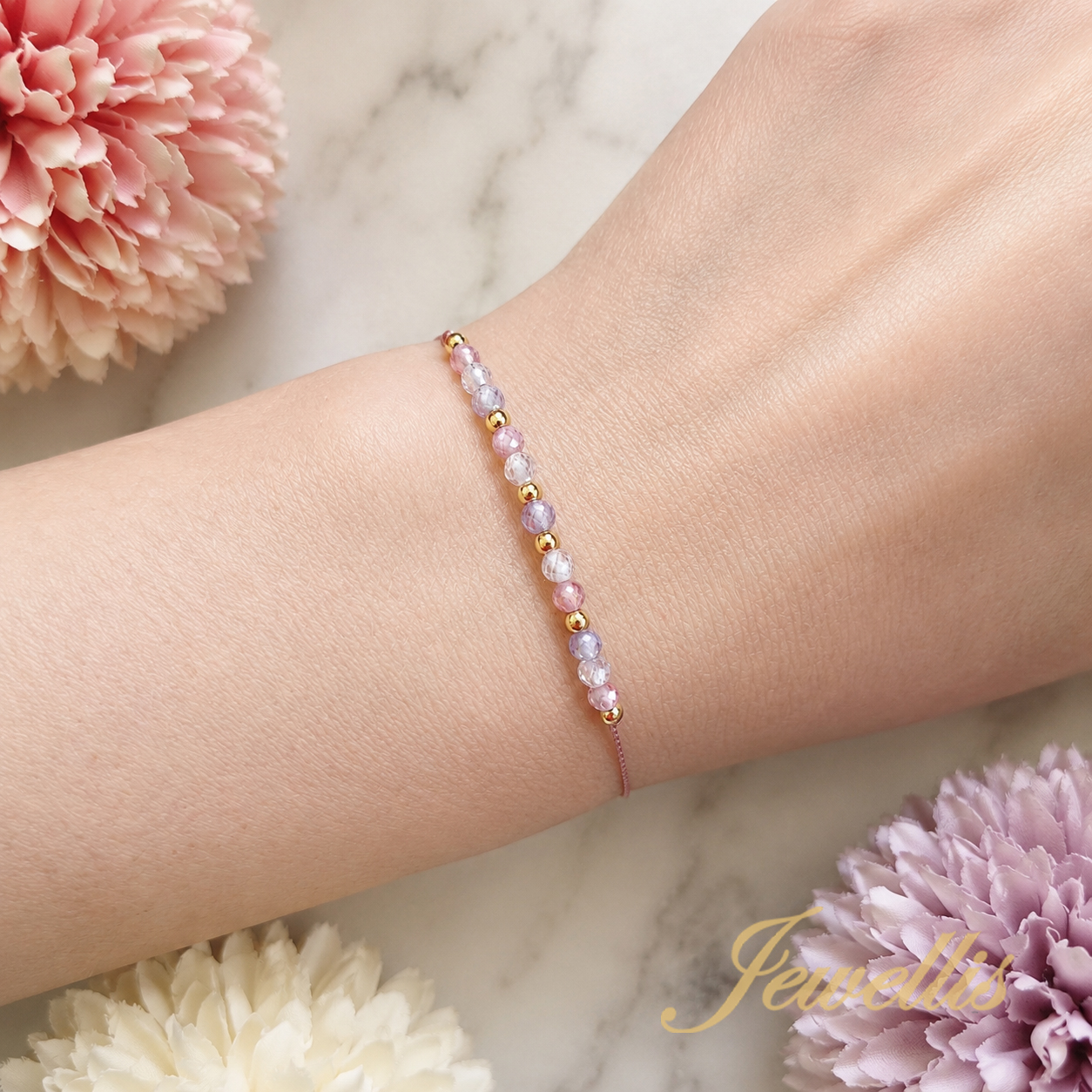 Pink Lavender Zirconia – šňůrkový hedvábný náramek s kubickými zirkony