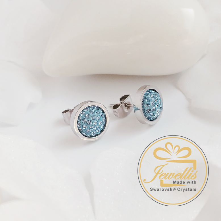 Ocelové náušnice pecky Pavé s krystaly Swarovski - Aquamarine