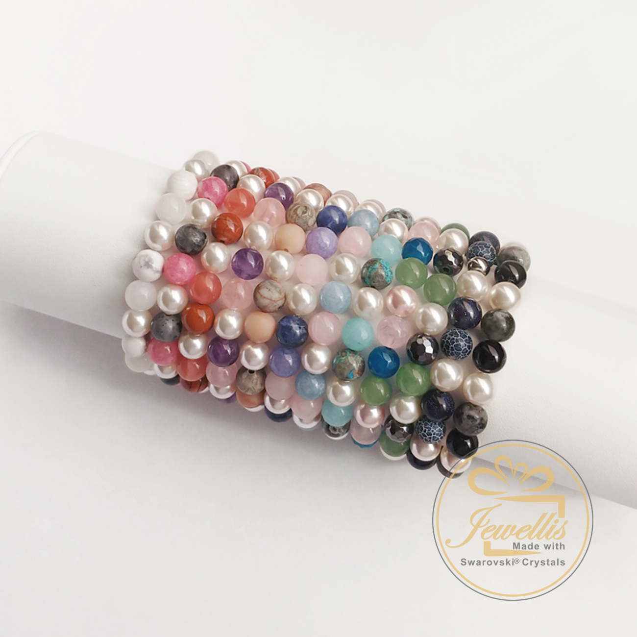 Náramek z přírodních kamenů a perly Swarovski - lososový jadeit a černý achát