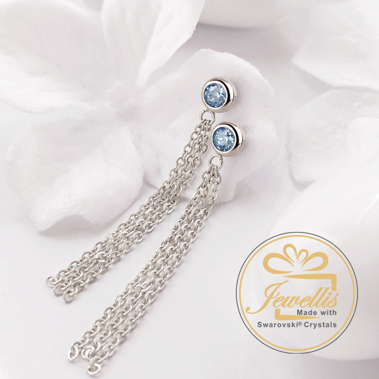 Ocelové náušnice řetízkové s krystaly Swarovski - Aquamarine