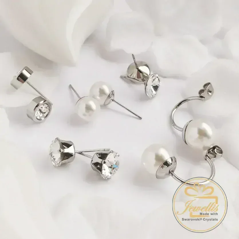 Ocelové dvojité náušnice s perlami a krystaly Rivoli Swarovski - Crystal F