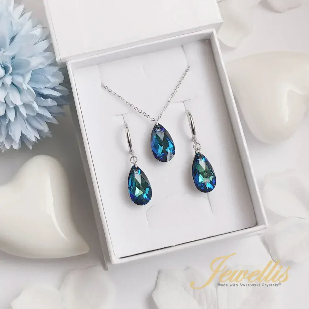 Ocelové náušnice ve tvaru kapky s krystaly Swarovski - Bermuda Blue