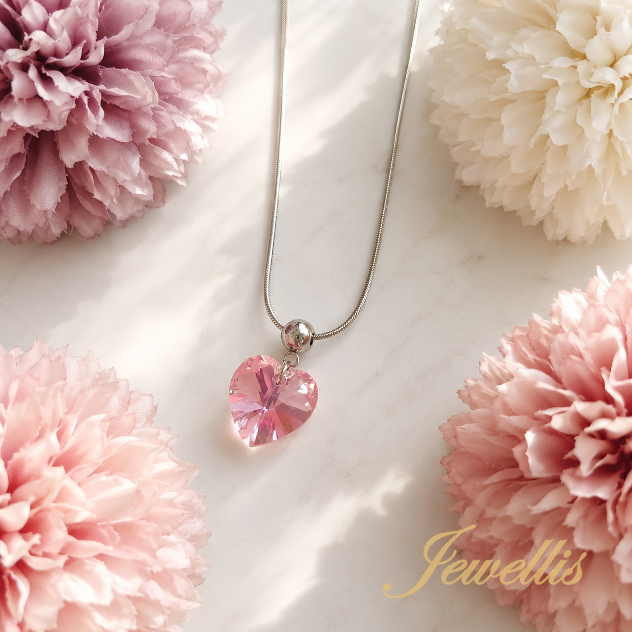 Ocelový náhrdelník ve tvaru srdce s krystalem Swarovski - Light Rose