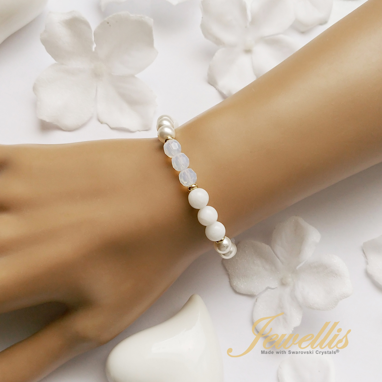 Náramek Sparkling z přírodních kamenů, perly a korálky Swarovski - měsíční kámen a White Opal