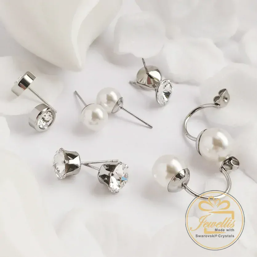 Ocelové dvojité náušnice s perlami Swarovski - Crystal White