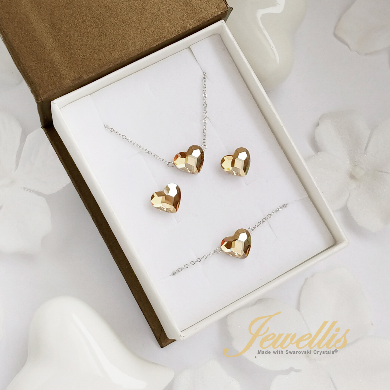 Ocelový romantický prsten s krystalem ve tvaru srdce Swarovski - Crystal Golden Shadow