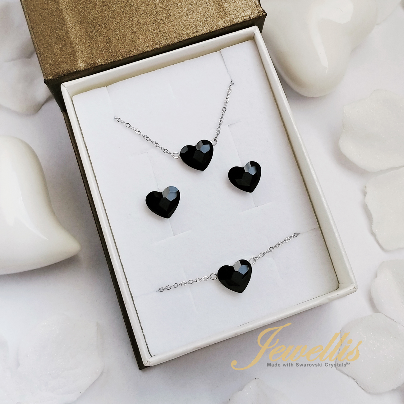 Ocelový romantický prsten s krystalem ve tvaru srdce Swarovski - Jet