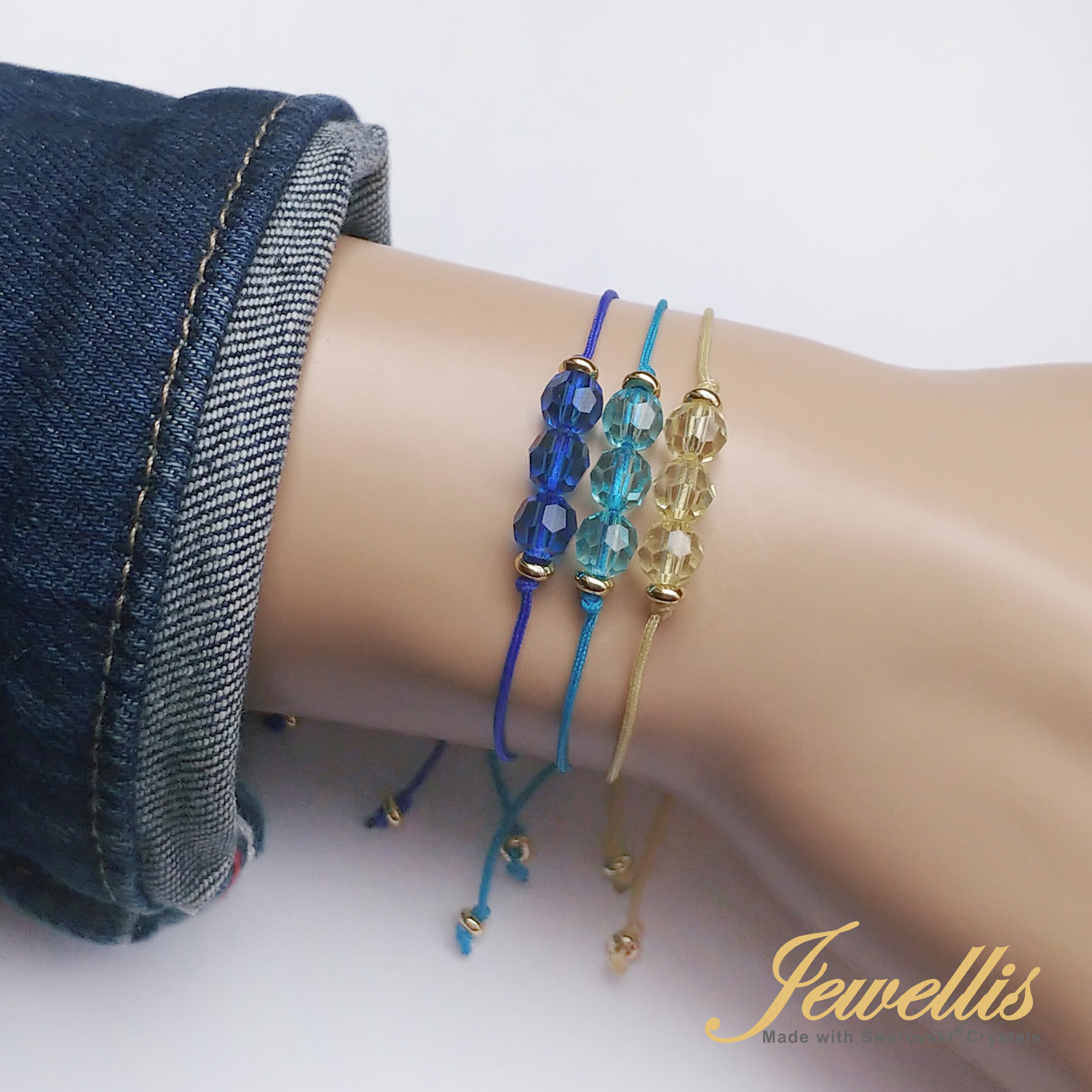Sada tří náramků Vibes - provázkový náramek na ruku i nohu s ocelovými korálky Swarovski 