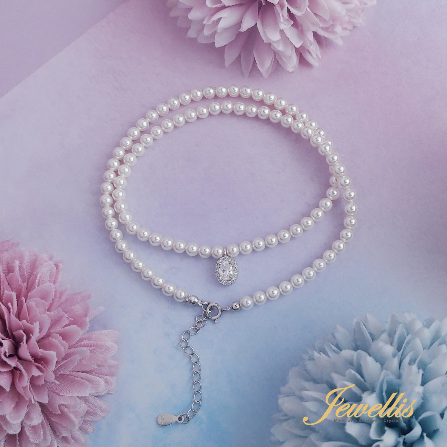 Stříbrný perlový pozlacený náhrdelník Gold Afrodite Pearl s perlami a zirkonem Swarovski 4mm - Crystal White