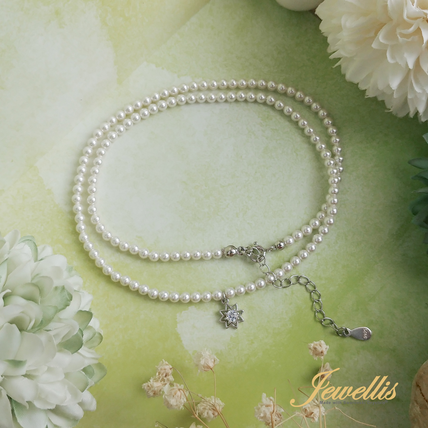 Stříbrný perlový náhrdelník Flower Pearl se zirkonem a perlami Swarovski 3mm - Crystal White
