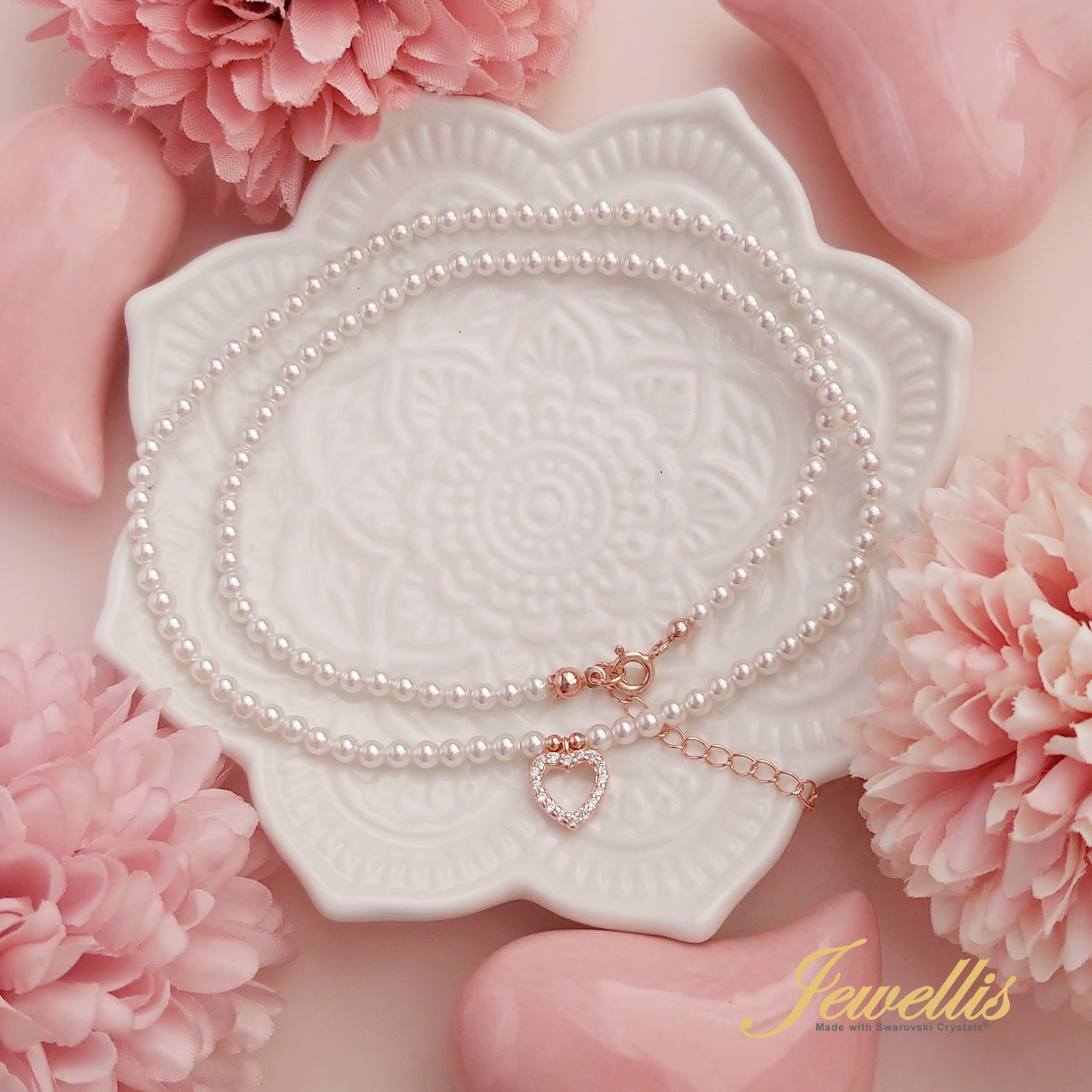 Stříbrný perlový pozlacený náhrdelník Rose Gold Heart Pearl se zirkonem a perlami Swarovski 3mm - Crystal White