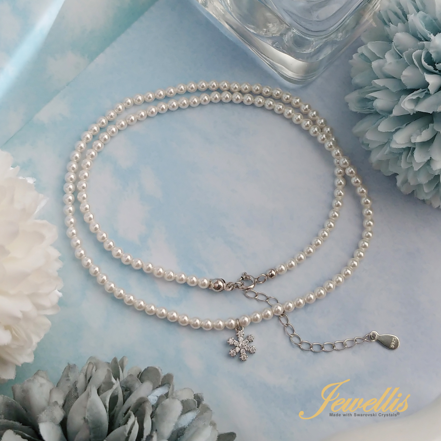 Stříbrný perlový náhrdelník Snowflake Pearl se zirkony a perlami Swarovski 3mm - Crystal White