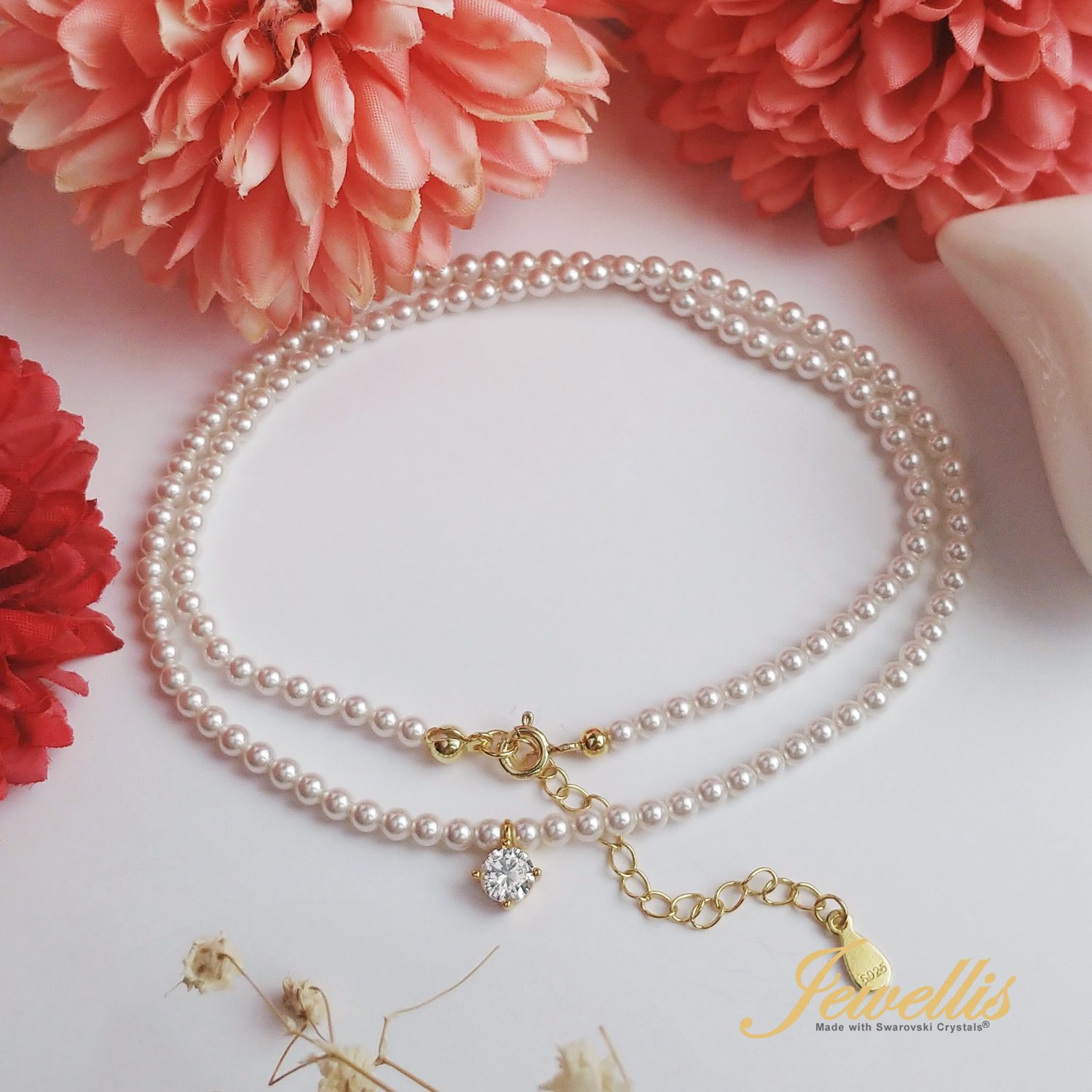 Stříbrný perlový náhrdelník Gold Solitare Pearl se zirkonem a perlami Swarovski 3mm - Crystal White