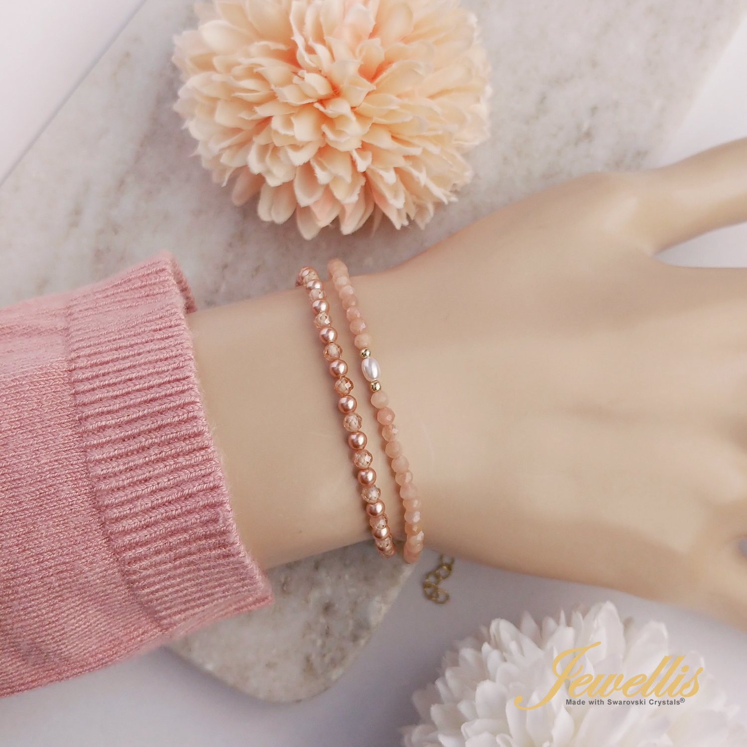 Minerální náramek z přírodních kamenů a perla Swarovski ve zlaté 14K oceli - sluneční kámen