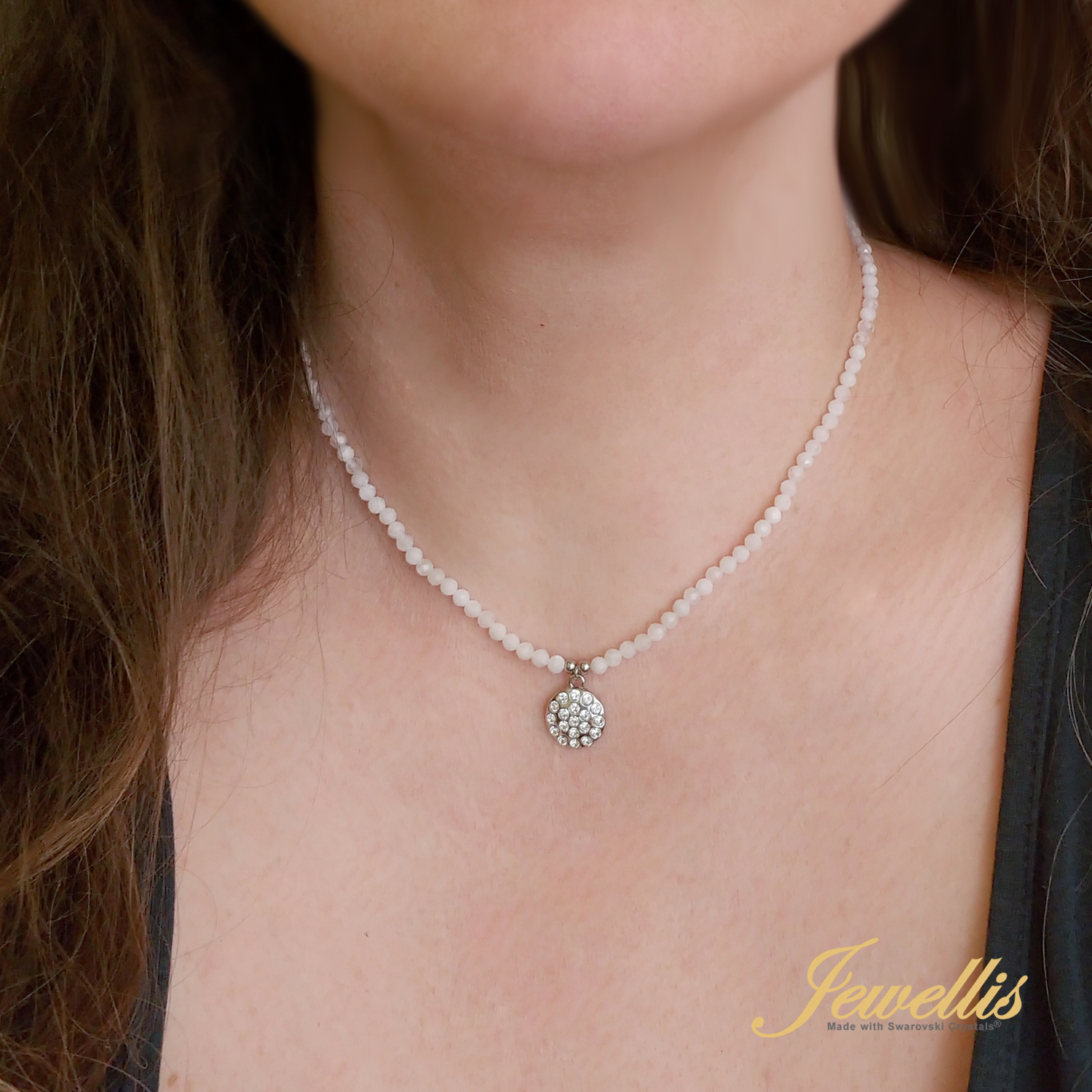 Minerální ocelový náhrdelník z přírodních kamenů a s krystaly Swarovski - měsíční kámen