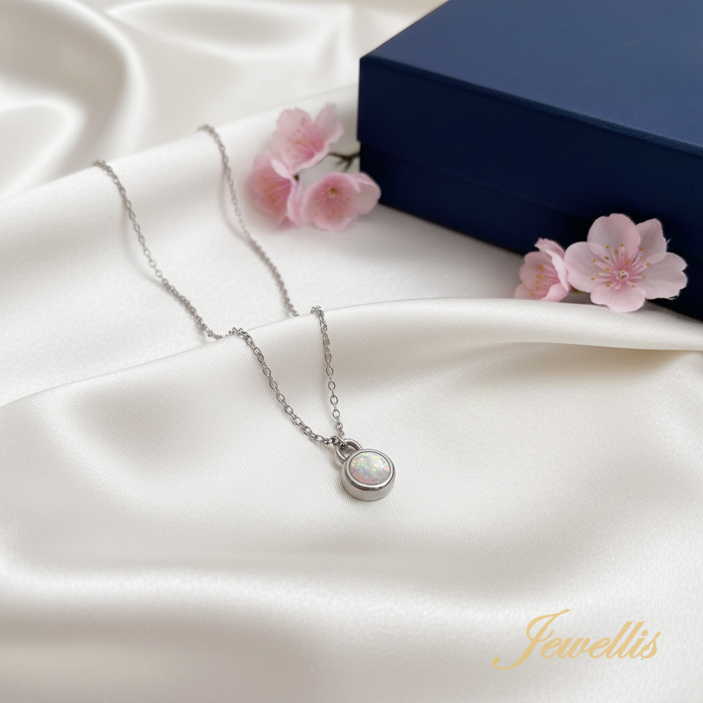 Ocelový opálový náhrdelník se syntetickým bílým opálem Opal Round