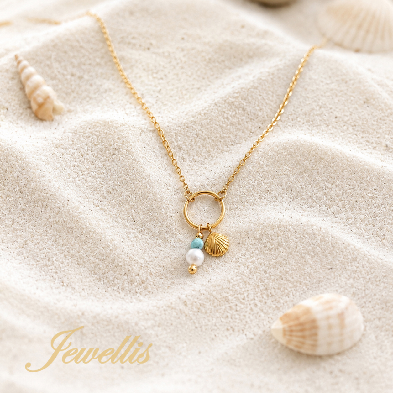 Ocelový pozlacený náhrdelník Gold Ocean Pearl s mušlí, Swarovski perlou a larimarem