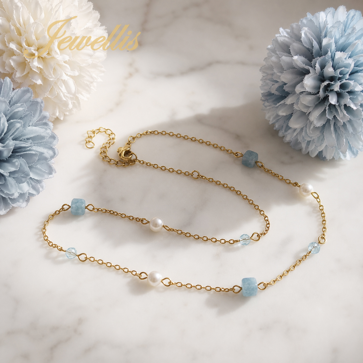Pozlacený ocelový choker náhrdelník Aqua Pearl s akvamarínem a perlami Swarovski